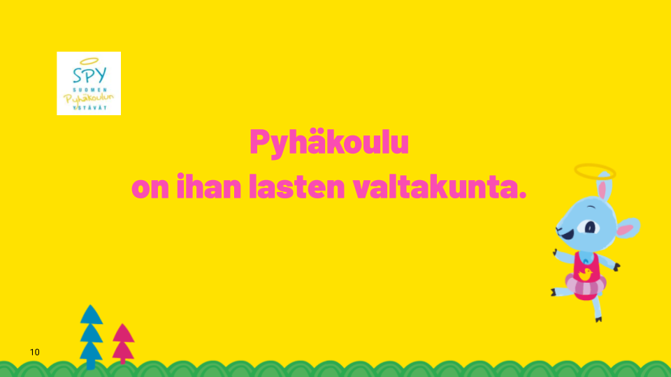 Lammas hyppii iloissaan. Tekstinä Pyhäkoulu on ihan lasten valtakunta.